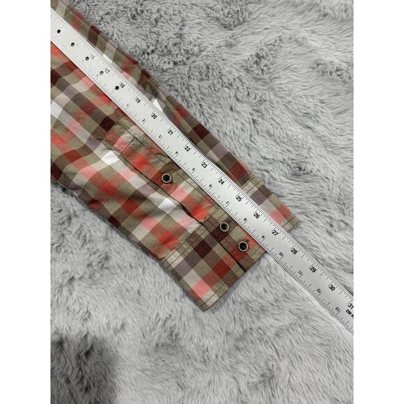 Prana Shirt Mens XL Red Brown White Plaid Slim Fit Polyester Button Up Outdoor - Picture 12 of 13
